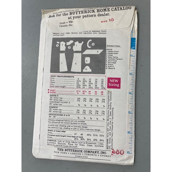 Butterick 5448 Dress Sewing Pattern Size 10 Sleeveless Short Sleeves VTG 1960s - Picture 3 of 6